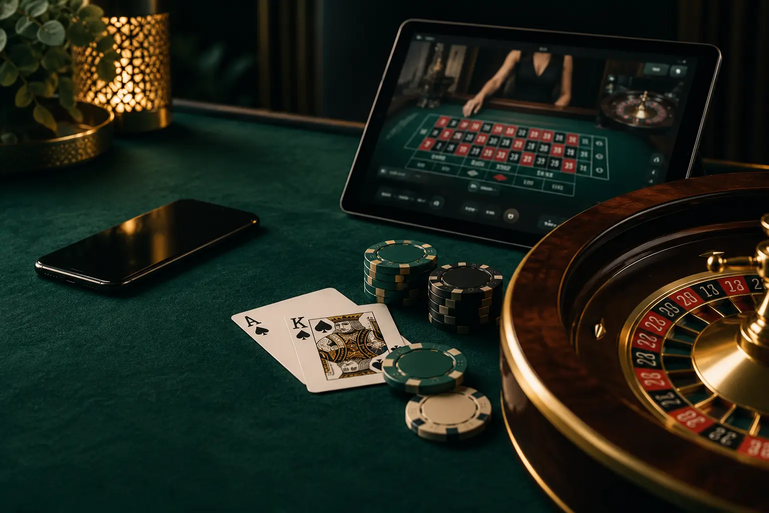 Live casinospellen op tablet met roulette en speelkaarten